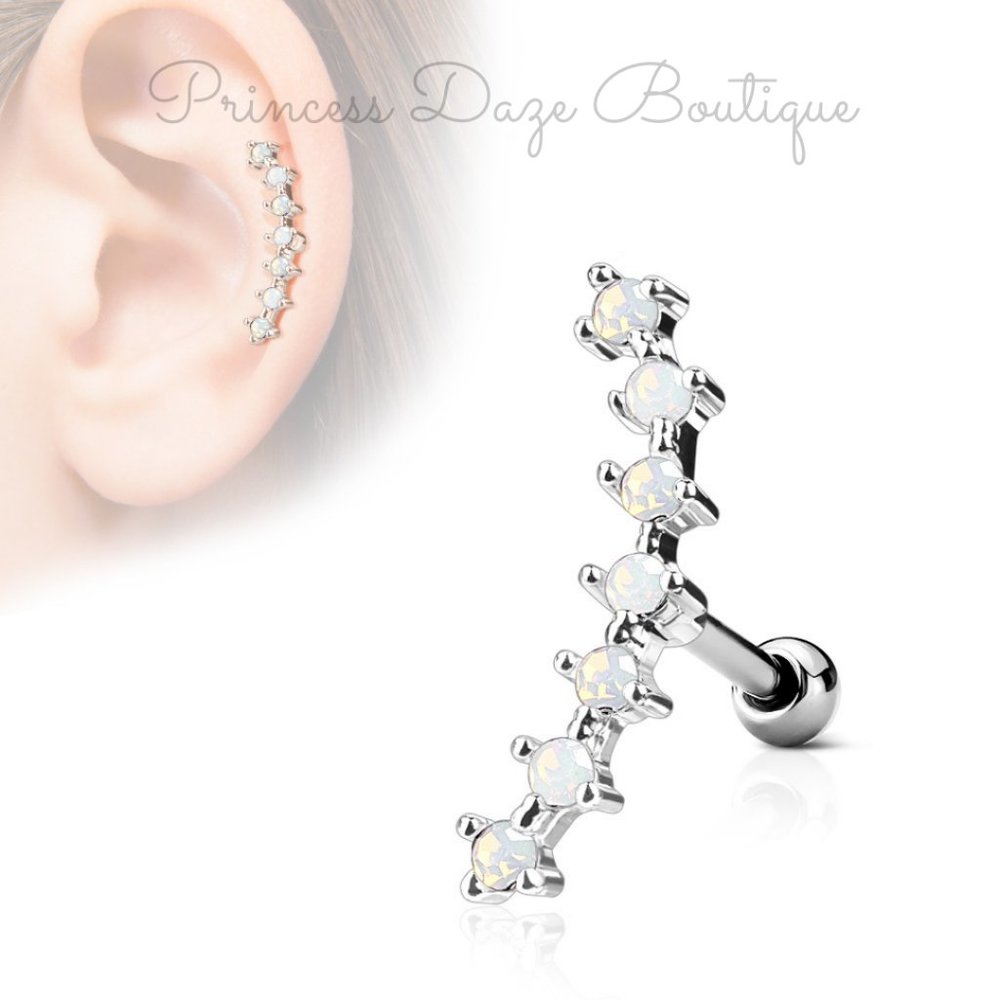 Opalite Clear‎ Lined CZ Curve Top Ear Cartilage / Tragus Barbell Stud Earring